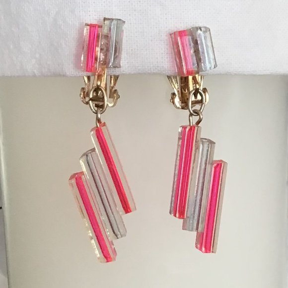 Funky Pink Tube Clip Earrings Vintage - Picture 5 of 14